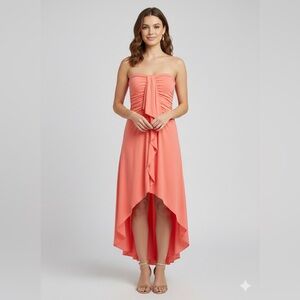 Myh nyc coral strapless asymmetric Ruched Ruffle Dress
